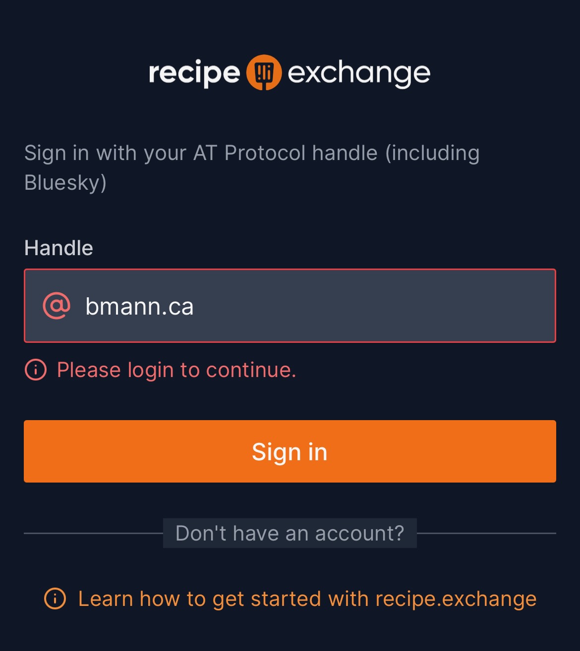 Recipe Exchange login page screenshot